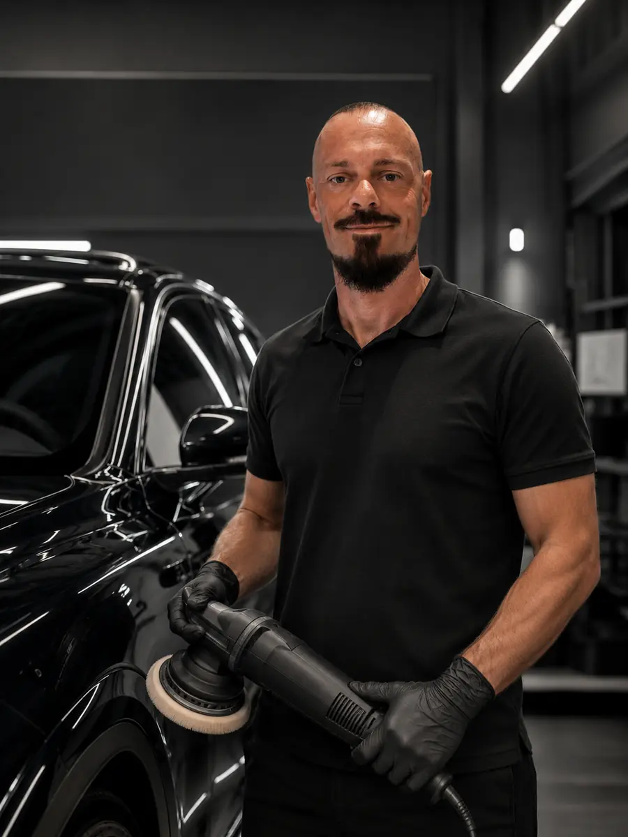 Ralf Witte, Inhaber von RW Fahrzeugveredelung, mit Poliermaschine in der Werkstatt